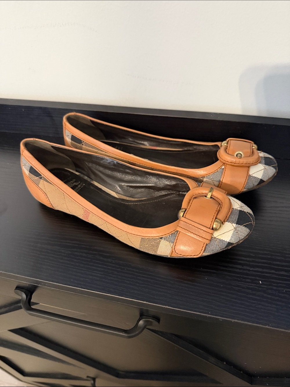 Burberry Tan Leather-Trim Plaid Buckle Ballet Flats